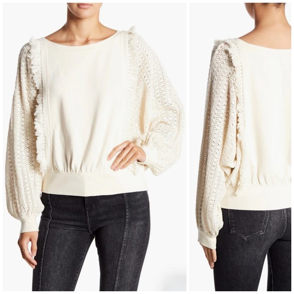 Free People Women's Faff & Fringe Pullover Top XS Cream Long Sleeve Ribbed Trim